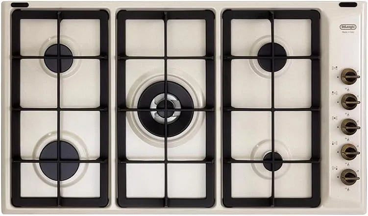 De'Longhi Piano cottura a gas, 90 Cm, ghisa, acciaio inox, fornello a gas, 5 Bruciatori 1 Doppia Corona, Acciaio Smaltato Avena, Manopole Ottone