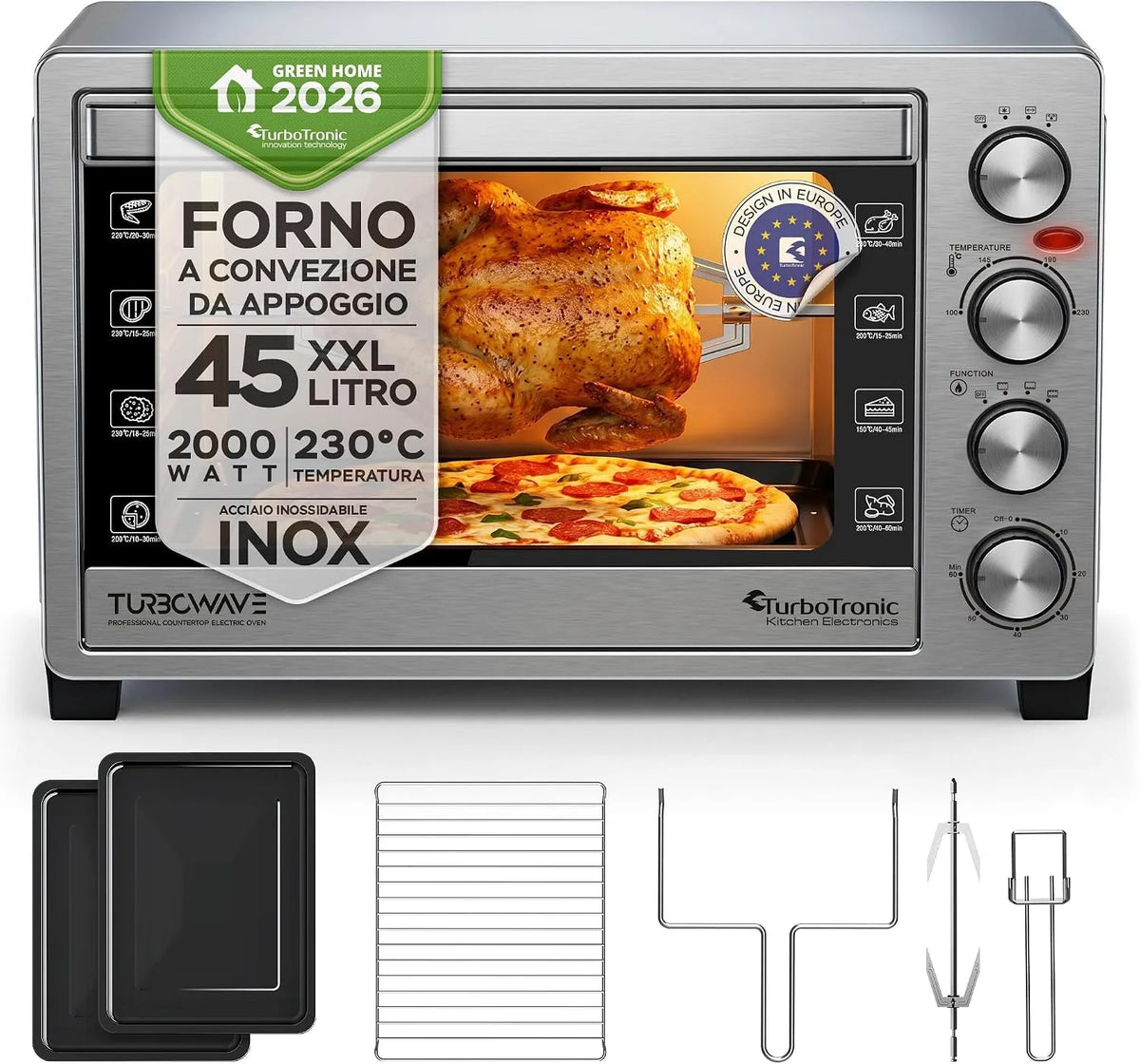 Forno elettrico, 45 L, 2000 W, TurboTronic EVS45, compatto, 2 zone di temperatura, argento, TurboTronic Fornetto Elettrico EVS45 45L, Mini Forno da