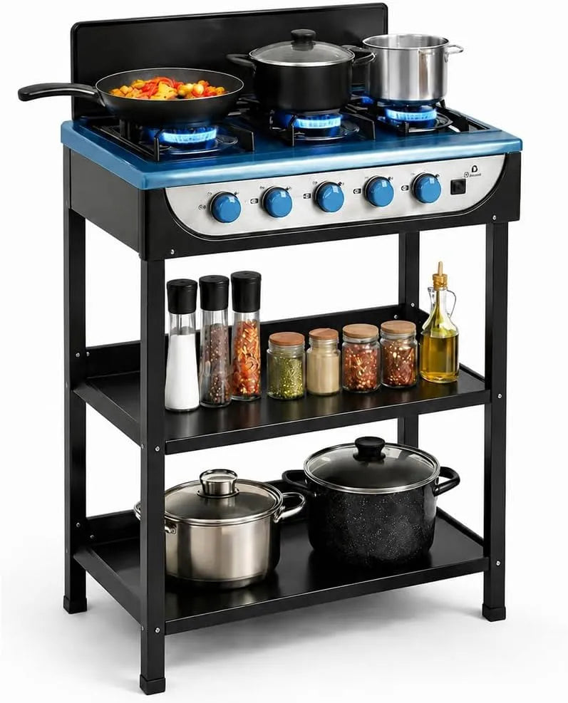 Prodotto Cucinotto Portatile in Acciaio con Paravento 5 Bruciatori, BAKAJI Cucina a Gas GPL con 5 Fuochi da Esterno e 2 Ripiani, Piedini Stabili