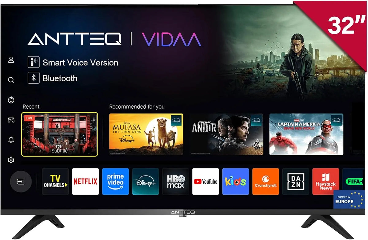 Smart TV, 32 pollici, classe energetica E, televisore, triplo tuner DVB-T2, S2, HDMI, Wi-Fi, Bluetooth, DAZN, Youtube, Netflix, Prime Video, 81 cm