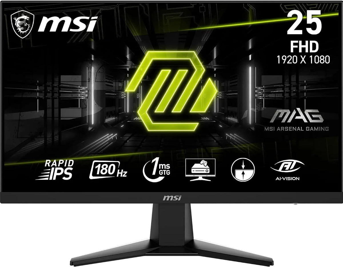 MSI 256F 1.2a Monitor, 24, 5 pollici, 1920 × 1080, 1 ms, 180 Hz, funzioni gaming, senza cornice, HDR, Full HD, pannello IPS, HDMI, schermo PC, nero