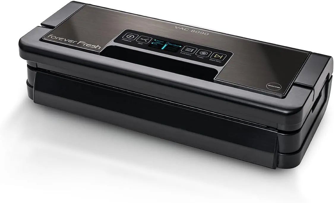 modello VAC8090, Forever Fresh VAC8090, 2 Barre Saldanti e Portarotolo Integrato, Struttura in Acciaio Brunito con Display LCD, MACOM, Macchina