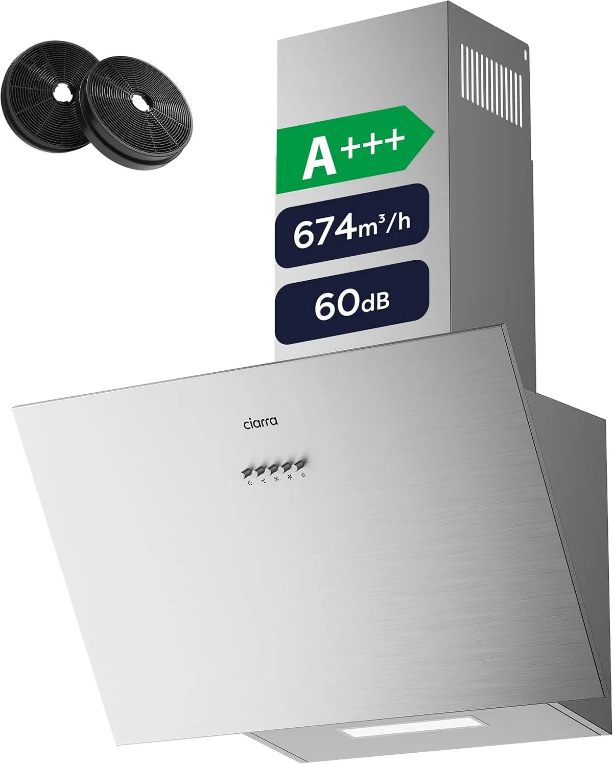 CIARRA CBCS6762A Cappa aspirante, 60 cm, 674 m3/h, classe energetica A, cappa da cucina, inclinata