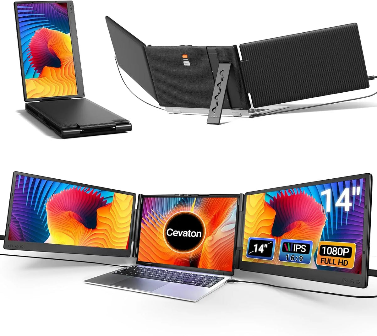 Monitor 1080P, 14 pollici, portatile, Full HD, pannello IPS, estensore per monitor, supporto integrato, plug and play