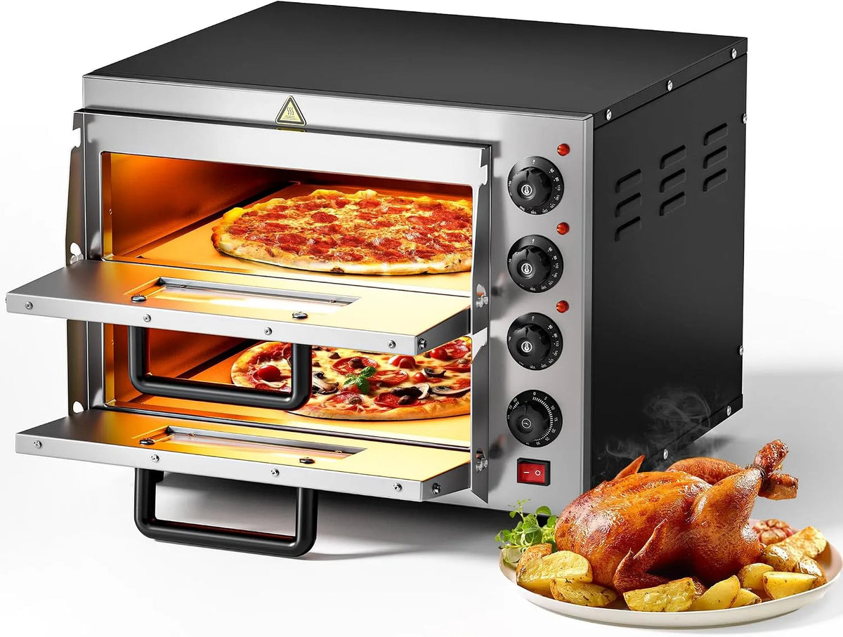 Forno elettrico per pizza, 3000 W, compatto, pietra refrattaria, Wiltec Forno pizza elettrico a 2 livelli, 3000W, 350°C Fornetto pizza, con pietra