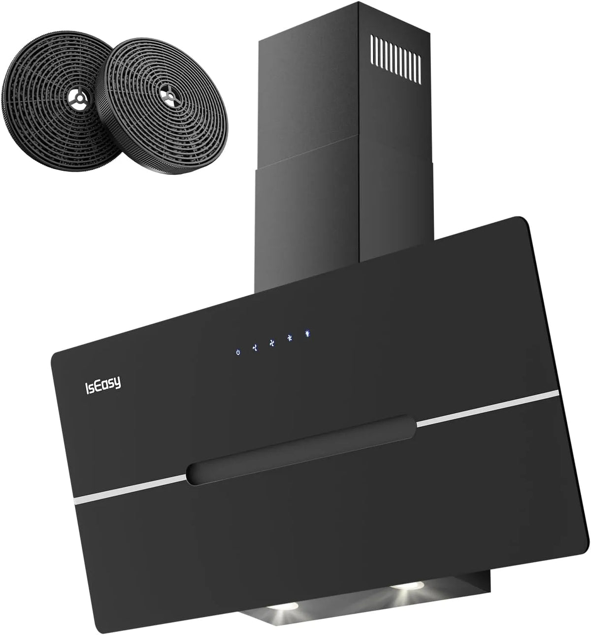 Cappa aspirante, 90cm, 578 m3/h, 58 dB, cappa da cucina, IsEasy, inclinata, scarico e ricircolo, touch, 3 livelli, nero, Efficienza A++