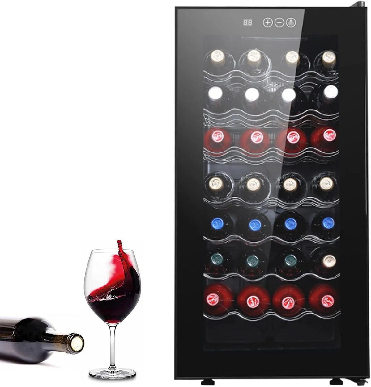 Frigorifero, 78 L, 32 bottiglie, 12 a 18 °C, libera installazione, 2 zone di temperatura, nero, Illuminazione Interna a LED, 7 Ripiani, Cantinette da
