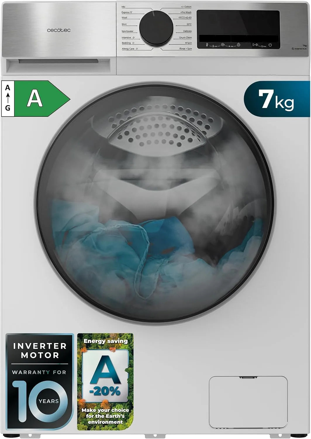 Cecotec Bolero DressCode 7450 Lavatrice, 1850 W, 16 programmi, 7 kg, classe energetica A, Inverter, silenzioso, acciaio inox, bianco, 1200 rpm