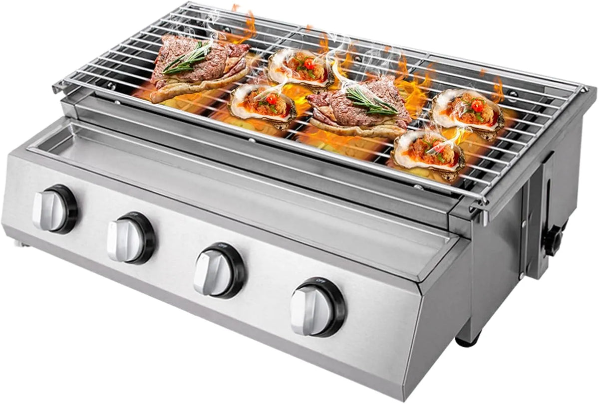 Prodotto barbecue da tavolo, 4 bruciatori a gas, barbecue portatile, in acciaio inox, cottura a gas, per esterni, barbecue butano, fornello laterale