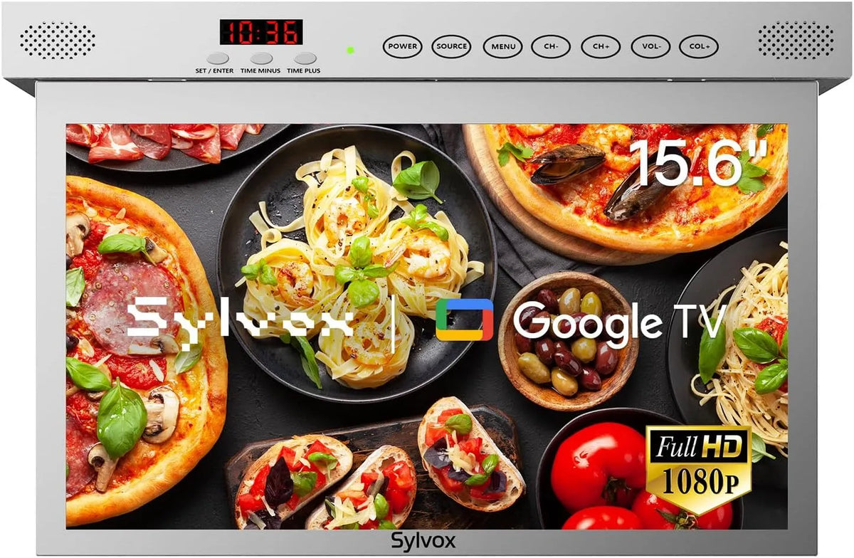Google 1080P Smart TV, 15.6 pollici, 12 V, televisore, Full HD, argento, FHD, SYLVOX 15.6' TV per Cucina Ribaltabile