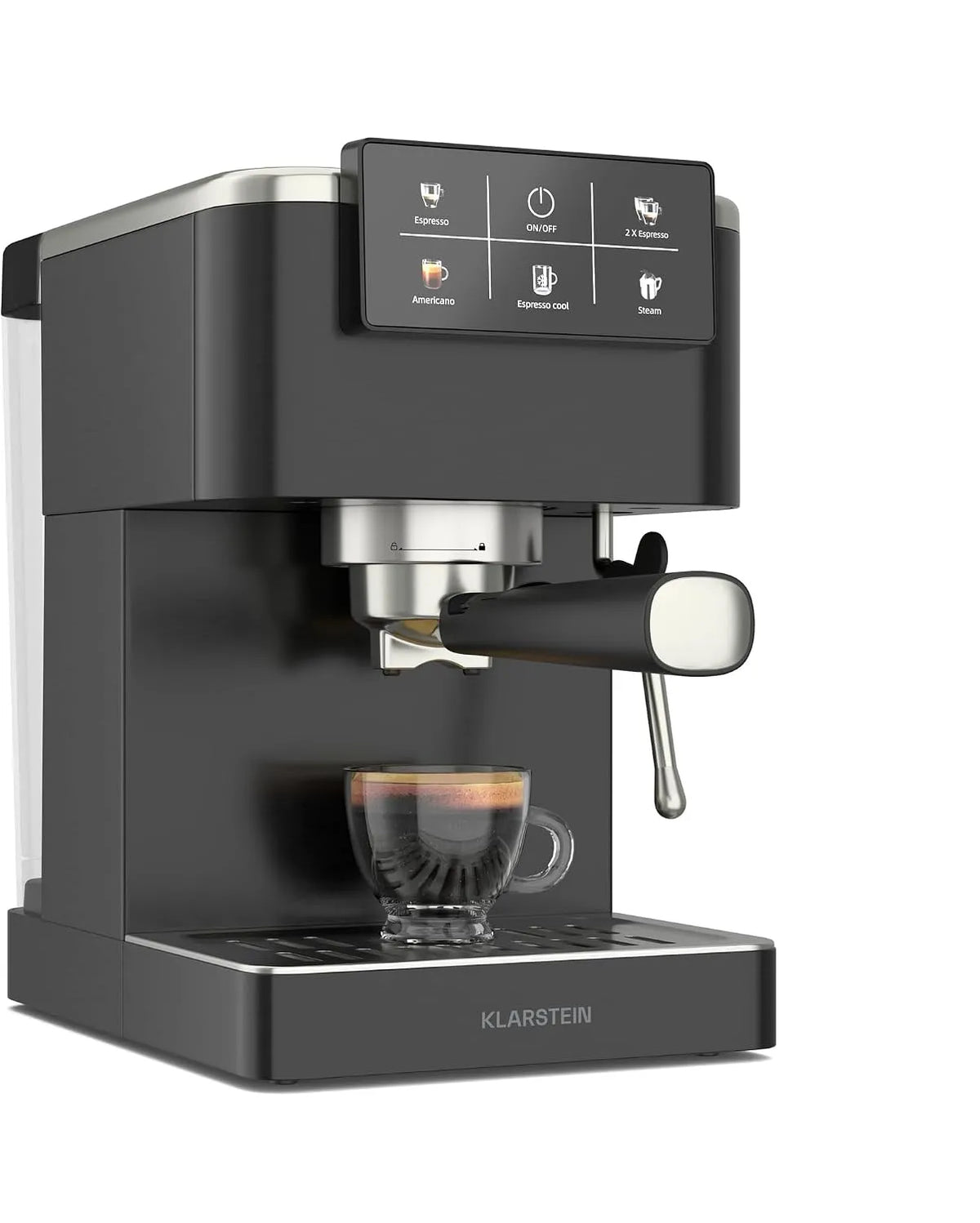 Klarstein Macchina da caffè, 5 L, 1350 W, touch, ampio serbatoio, acciaio inox, nero, Macchina per Espresso da 20 Bar, 1350W, Serbatoio: 1, 5L
