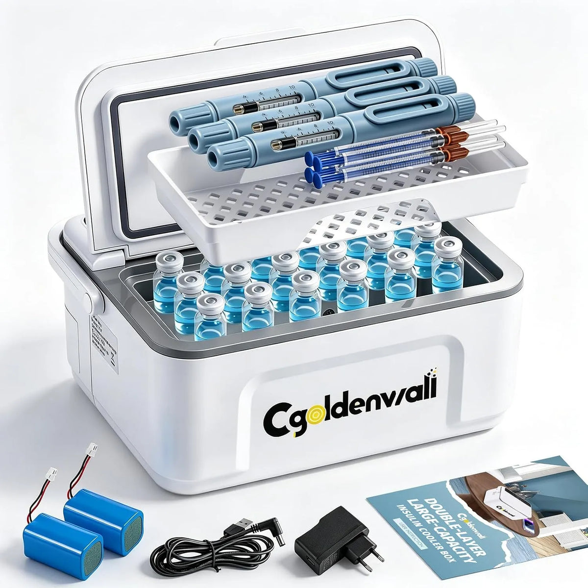 Frigorifero medico portatile 13600mah, 19 × 8 × 7cm, 0 a 8 °C, trasporto di insulina e farmaci, 12 Penne, Cgoldenwall 12 Ore Scatola Refrigerante