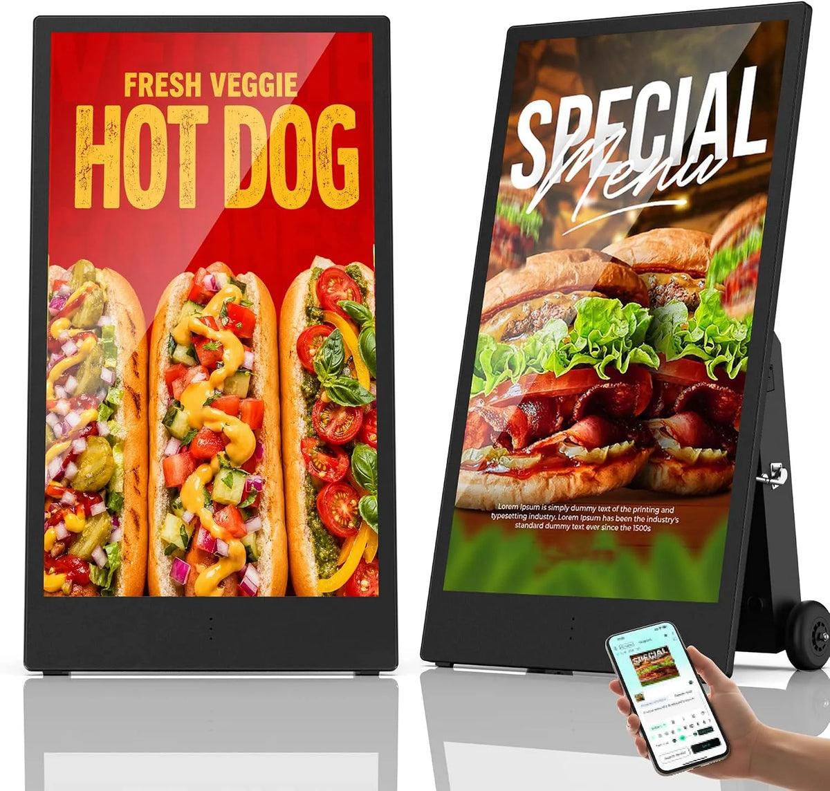 Display digital signage, 55 pollici, display pubblicitario LCD, IP65, food truck, esterno, ruote di trasporto, Wi-Fi, HDMI, USB, WiFi, Batteria