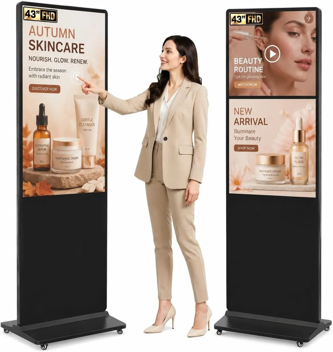 Display digital signage, 43 pollici, display pubblicitario LCD, professionale, ruote di trasporto, Wi-Fi, Android OS, Full HD, HDMI, USB, 450 Nits