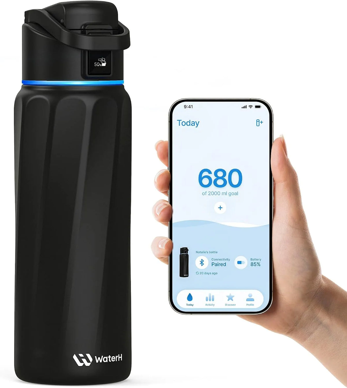 Prodotto Borraccia intelligente con promemoria idratazione e tracker, WATERH BOOST, borraccia termica sottovuoto in acciaio inox, senza BPA, apertura
