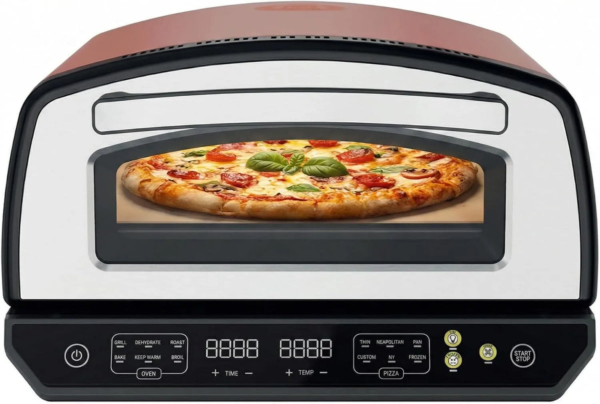 Forno elettrico per pizza, 33x33 cm, esterno, compatto, 3 Accessori Inclusi, per Pizza Croccante, Riscaldamento Rapido, Controllo Temperatura Preciso
