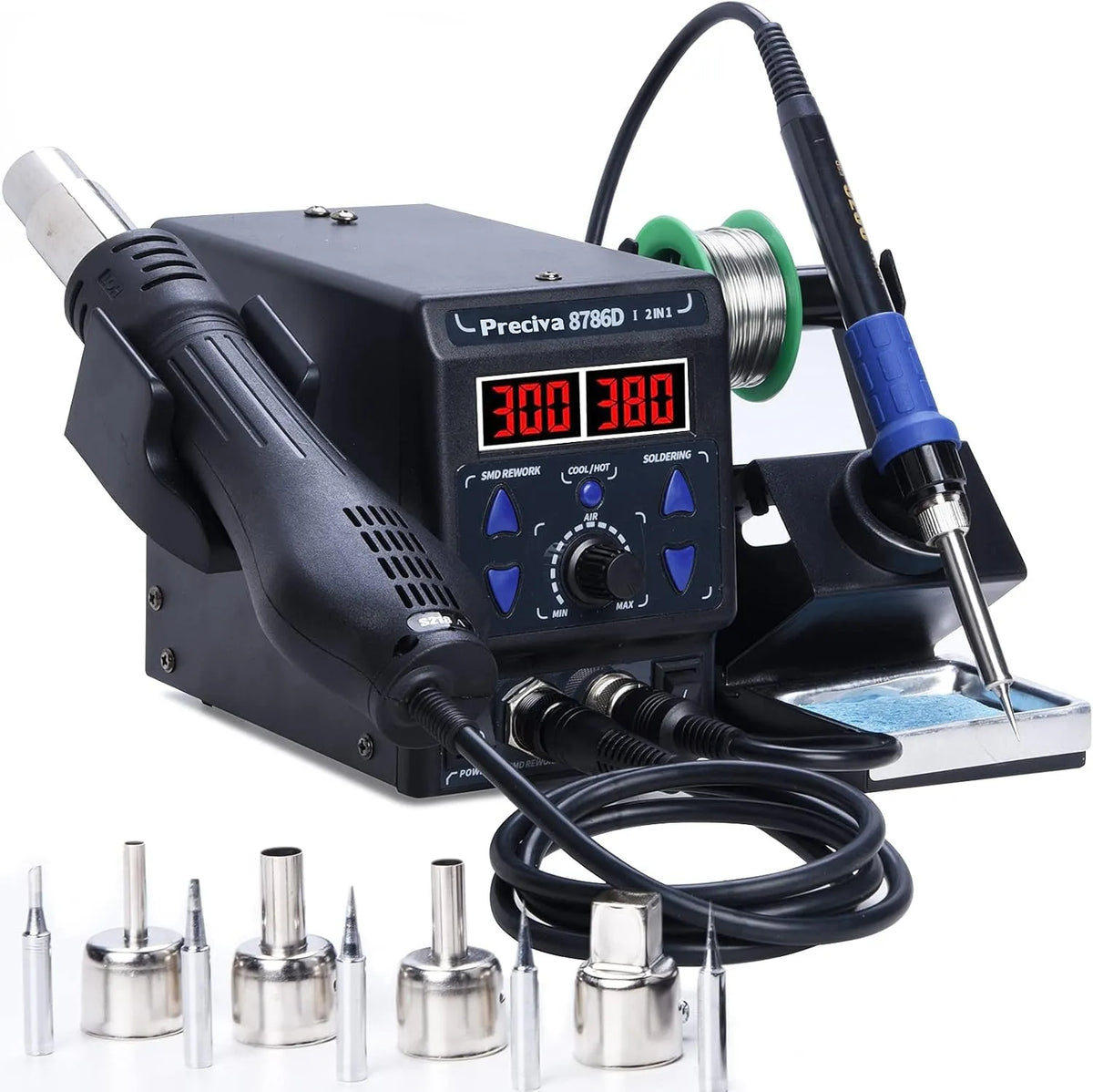 750W Rework Station Professionale 200°C-480°C con Display LED, 8786D Stazione Saldante ad Aria Calda 2 in 1, Saldatore Stagno con 4 Ugelli, 5 Punte