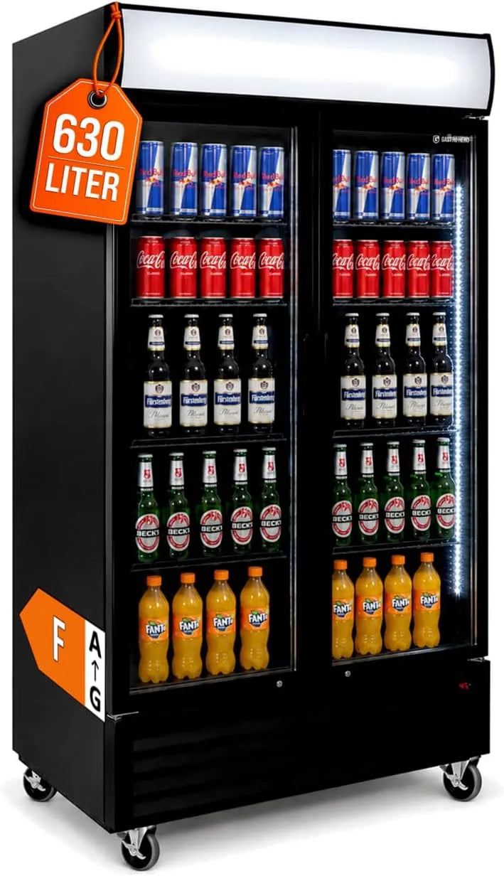 Frigorifero, 630 L, vetro, nero, forniture per gastronomia, 8 ripiani regolabili, illuminazione interna