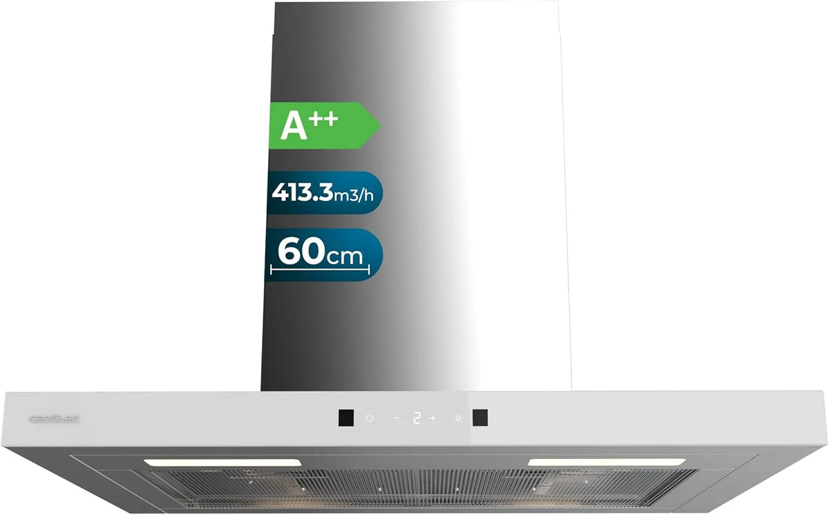 Cecotec Bolero Flux TT Cappa aspirante, 60cm, 413, 3 m3/h, classe energetica A, cappa da cucina, Boost, touch, acciaio inox, 3m3, Hand Movement