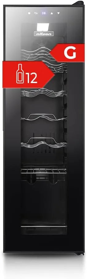modello NVN1200S, NVN1200S. Ciclica, display digitale, livello sonoro 44 dB, Nilson Enoteca 12 Bottiglie Nero, luce interna a LED, zona unica di