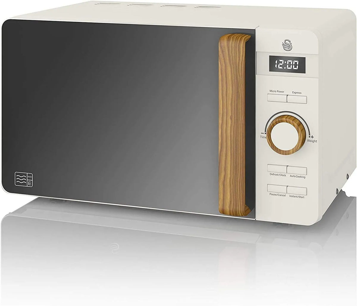 Forno a microonde, 20 L, timer, scongelamento, bianco, 6 livelli di potenza, facile pulizia, manico effetto legno, bianco opaco