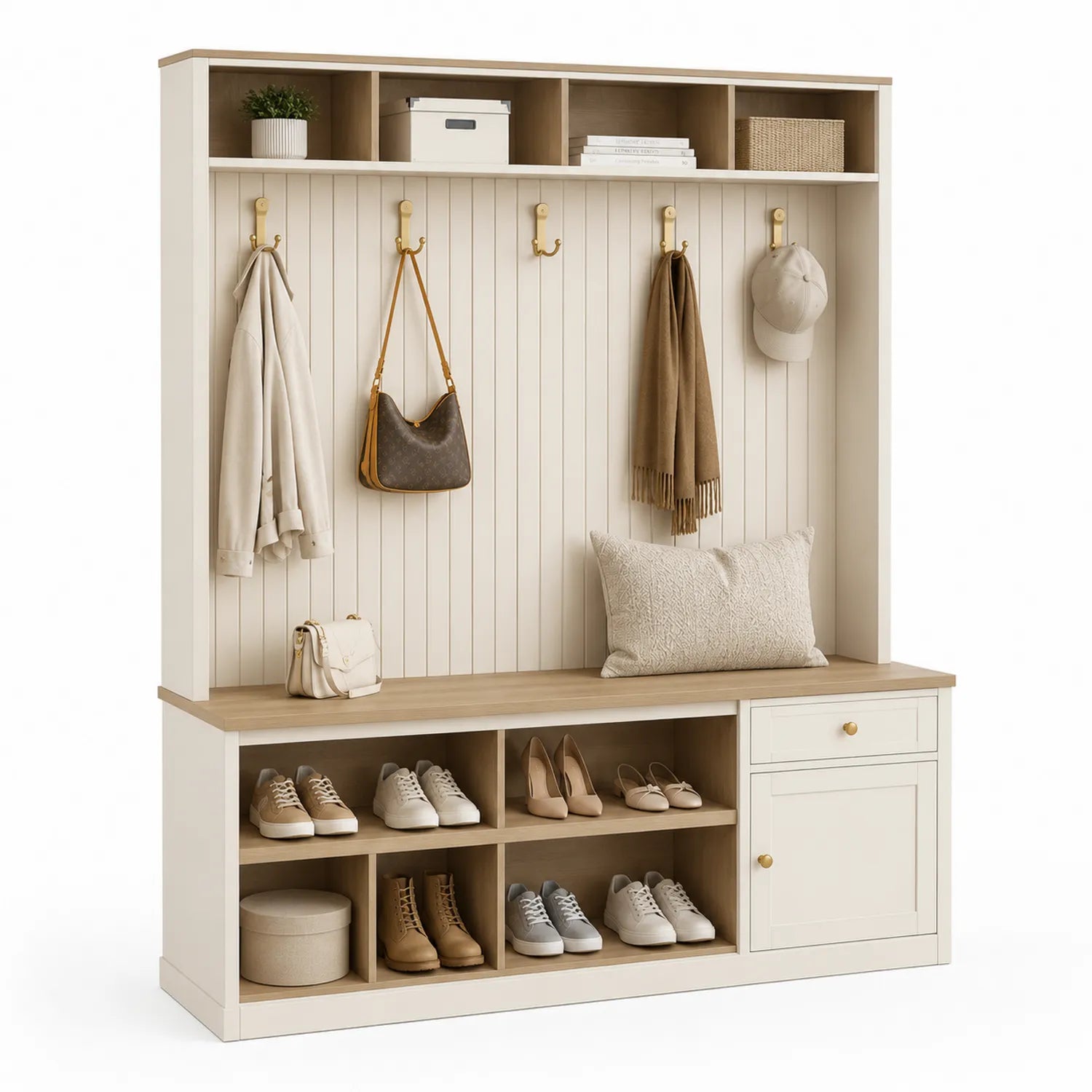 Appendiabiti ingresso in legno bianco con seduta e mensola 180x35x200 cm