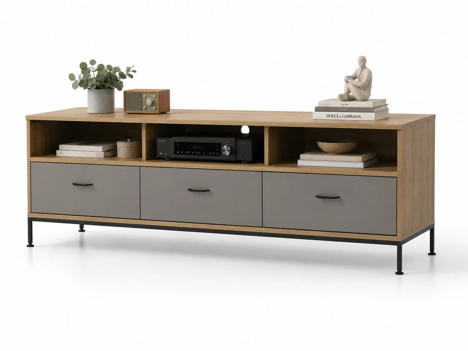 Mobile TV in MDF e metallo grigio e legno naturale 150x40x55 cm