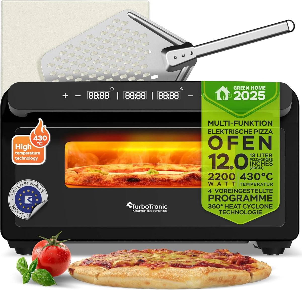 Forno elettrico per pizza, 12 pollici, 2000 W, esterno, pietra refrattaria, Turbotronic Forno per pizza elettrica fino a 430 °C per 31 cm, Pizza New