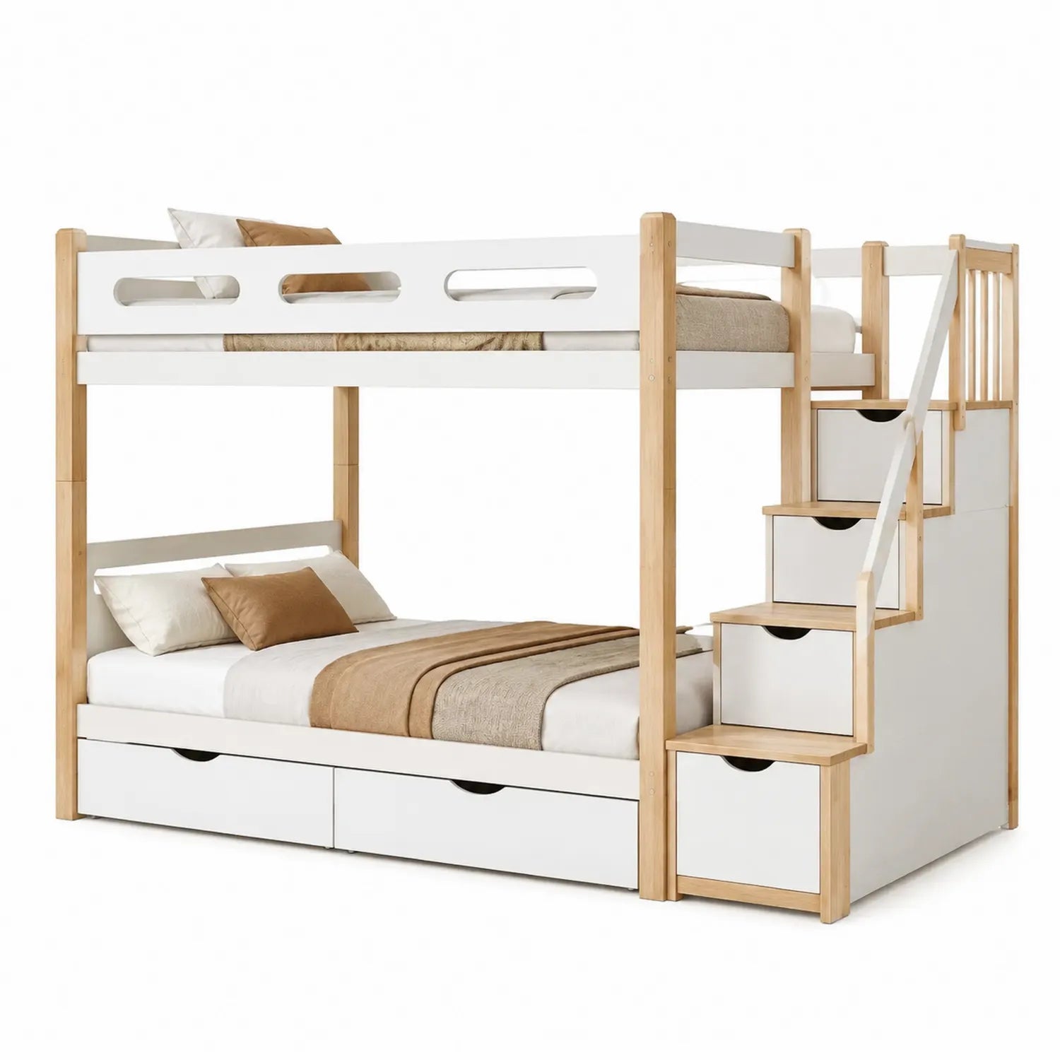 Letto a Castello in Legno di Pino con Scaletta e Cassetti 245x105x160 cm
