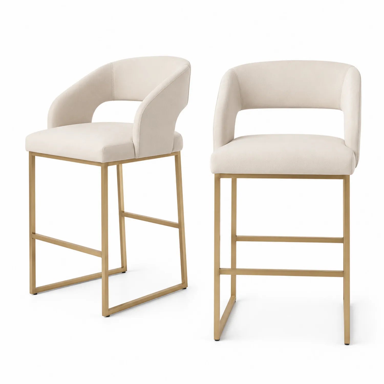 Set di 2 sgabelli da bar in velluto beige con struttura in metallo dorato