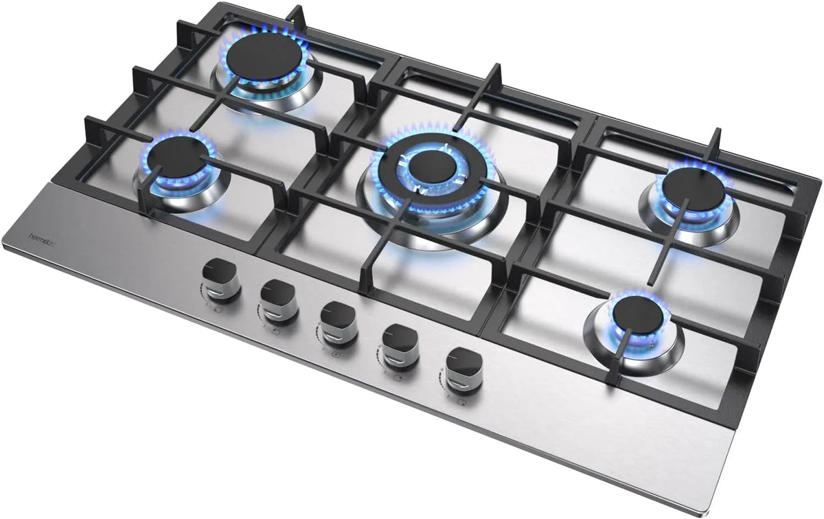 Piano cottura a gas, 85cm, 5 fuochi, da incasso, acciaio inox, fornello a gas