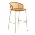 Sgabello da Bar in Rattan e Metallo con Seduta in Ecopelle Marrone