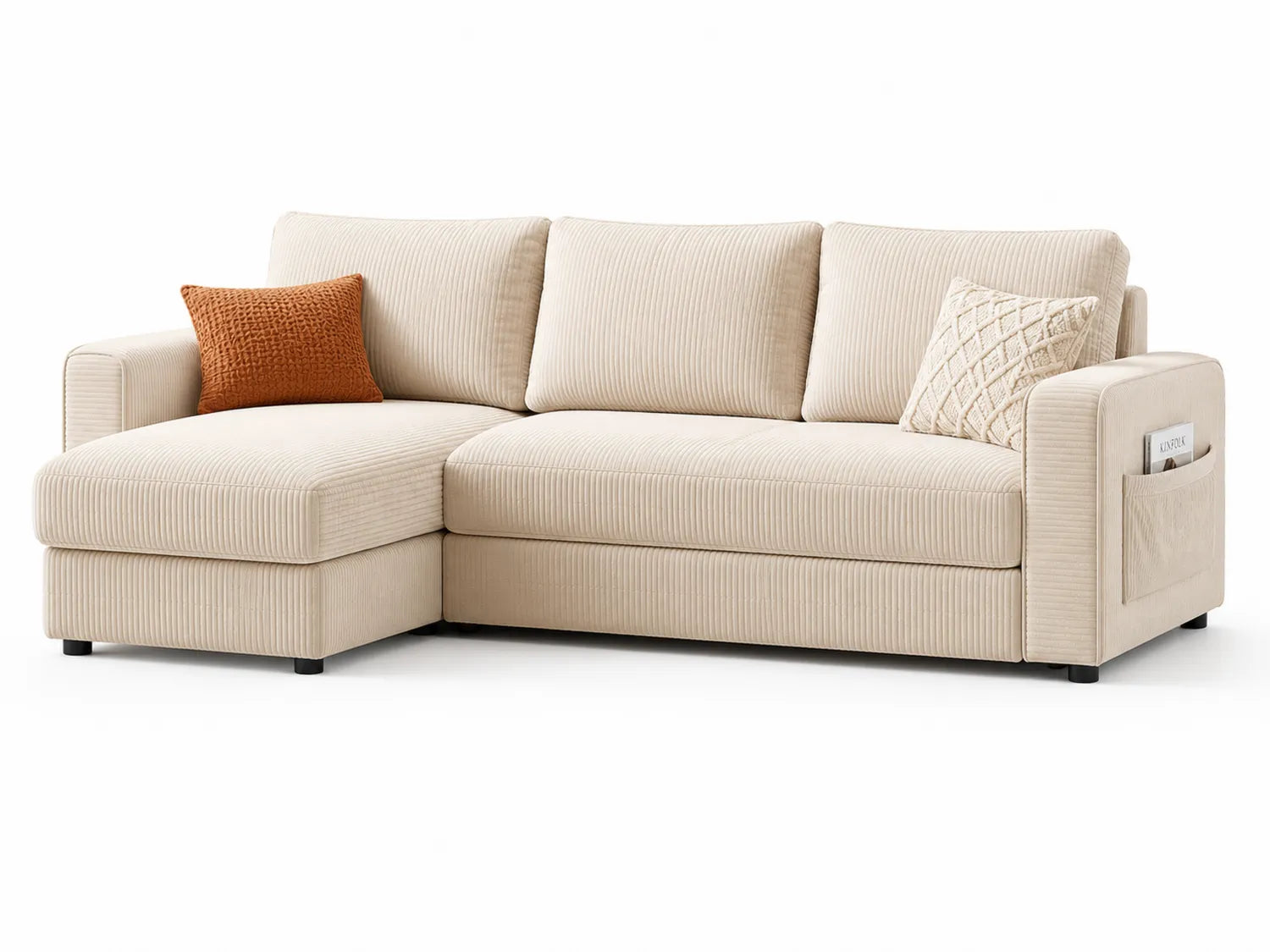 Divano angolare in tessuto a coste beige con chaise longue