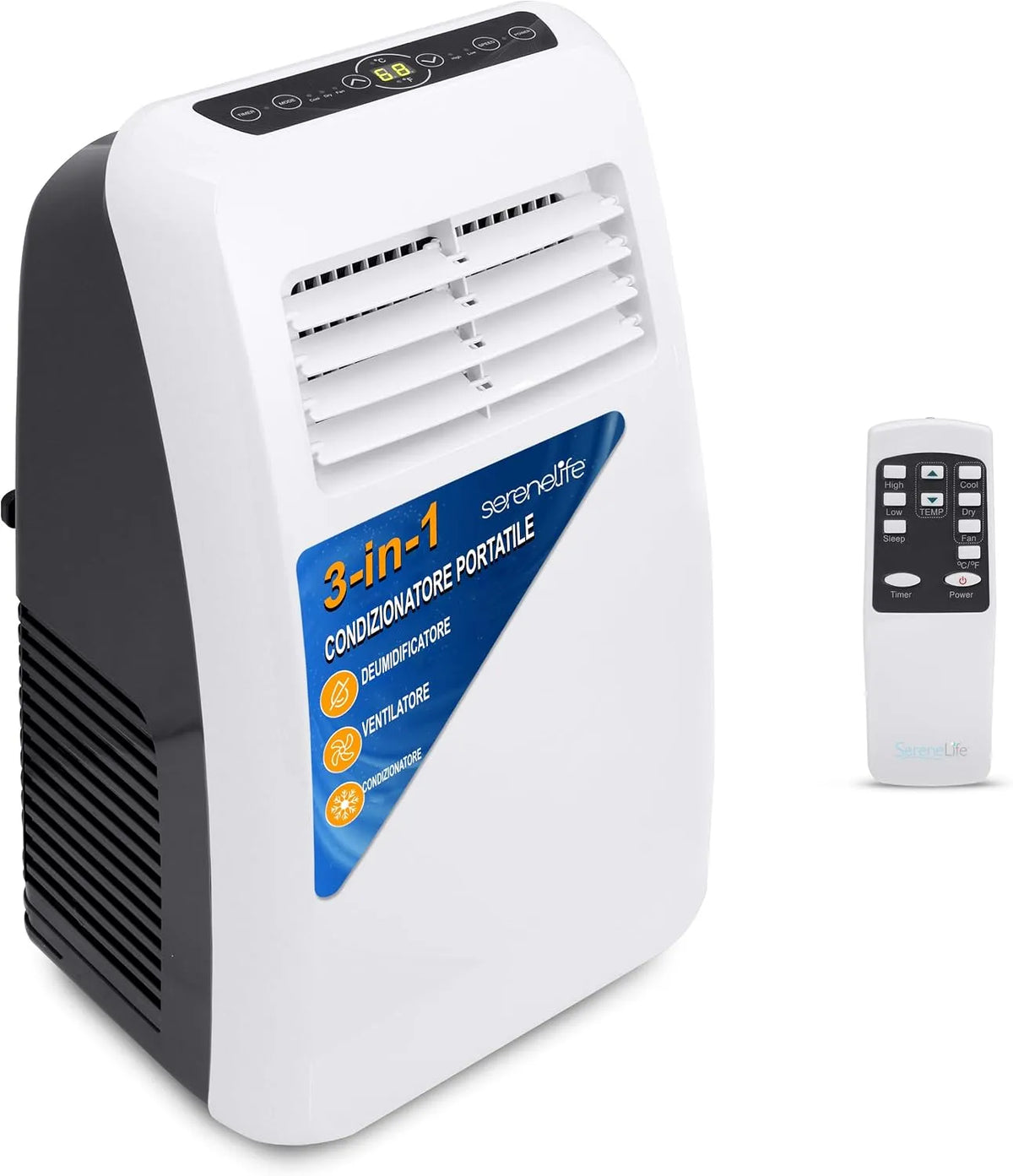 Condizionatore, classe energetica A, Serenelife SLPAC7EU 3-in-1, portatile, bianco, 000 BTU, 57 Decibel, Ventilatore, 2.4 kg, Deumidificatore