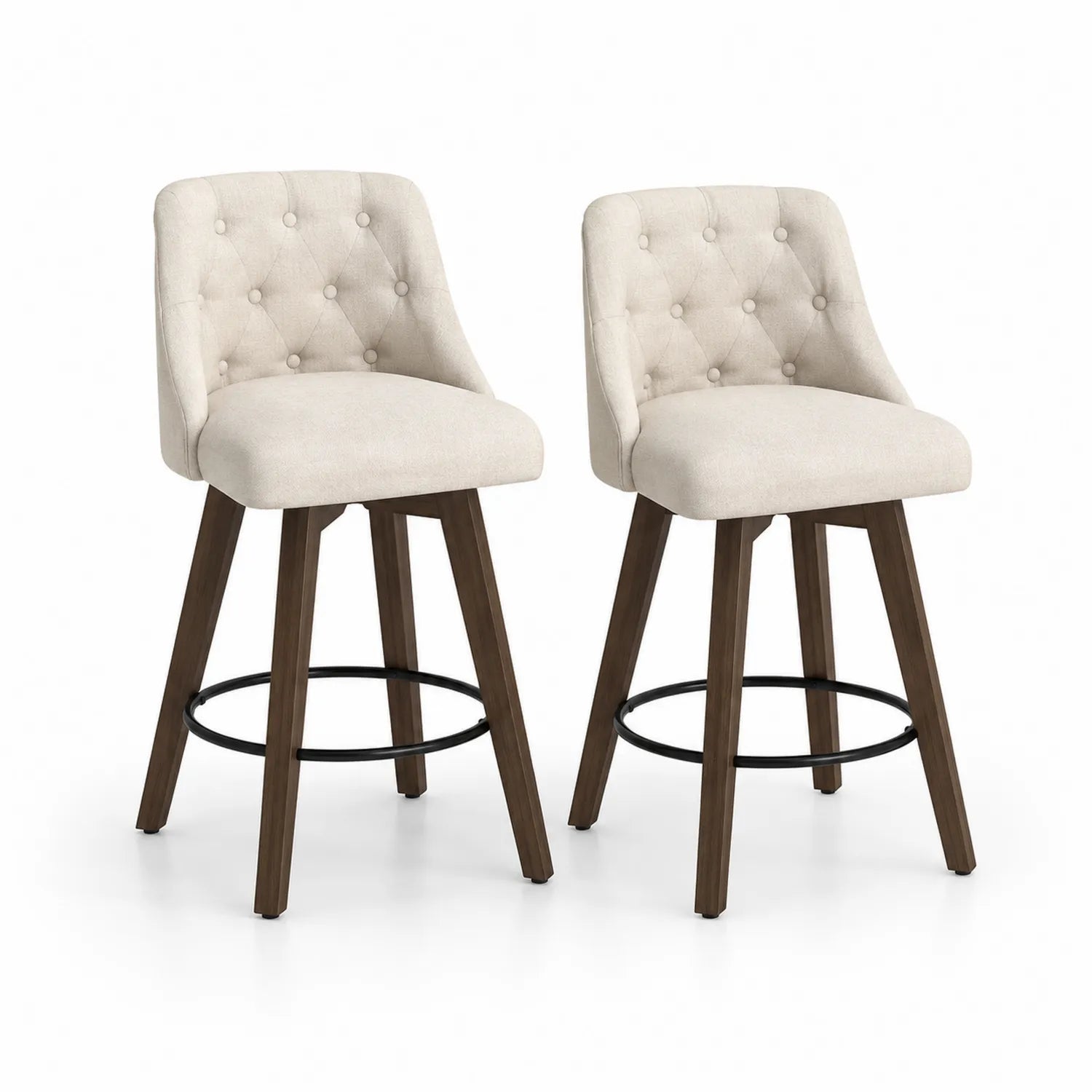 Set di 2 sgabelli in tessuto beige con struttura in legno e anello in metallo
