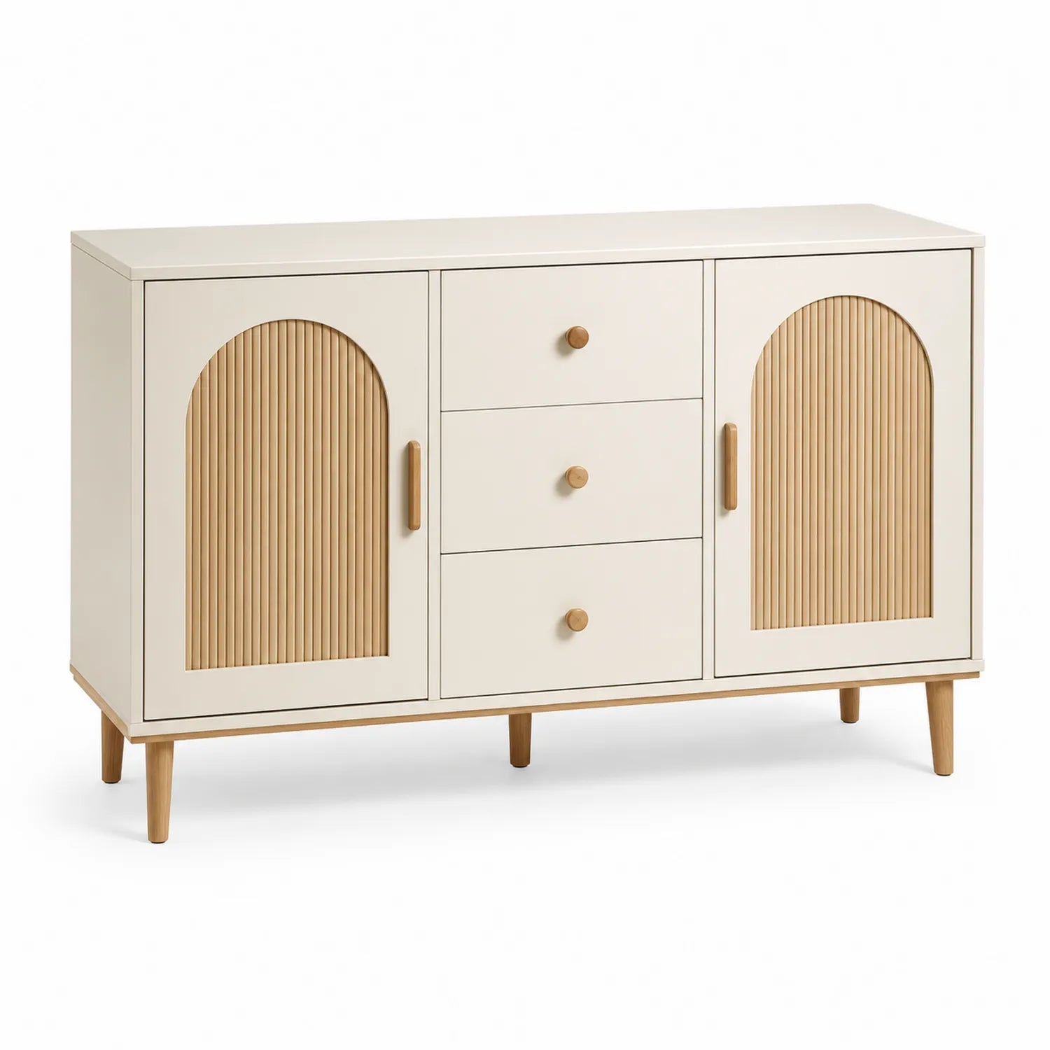Credenza in MDF e Legno Massello con Ante e Cassetti Crema/Naturale