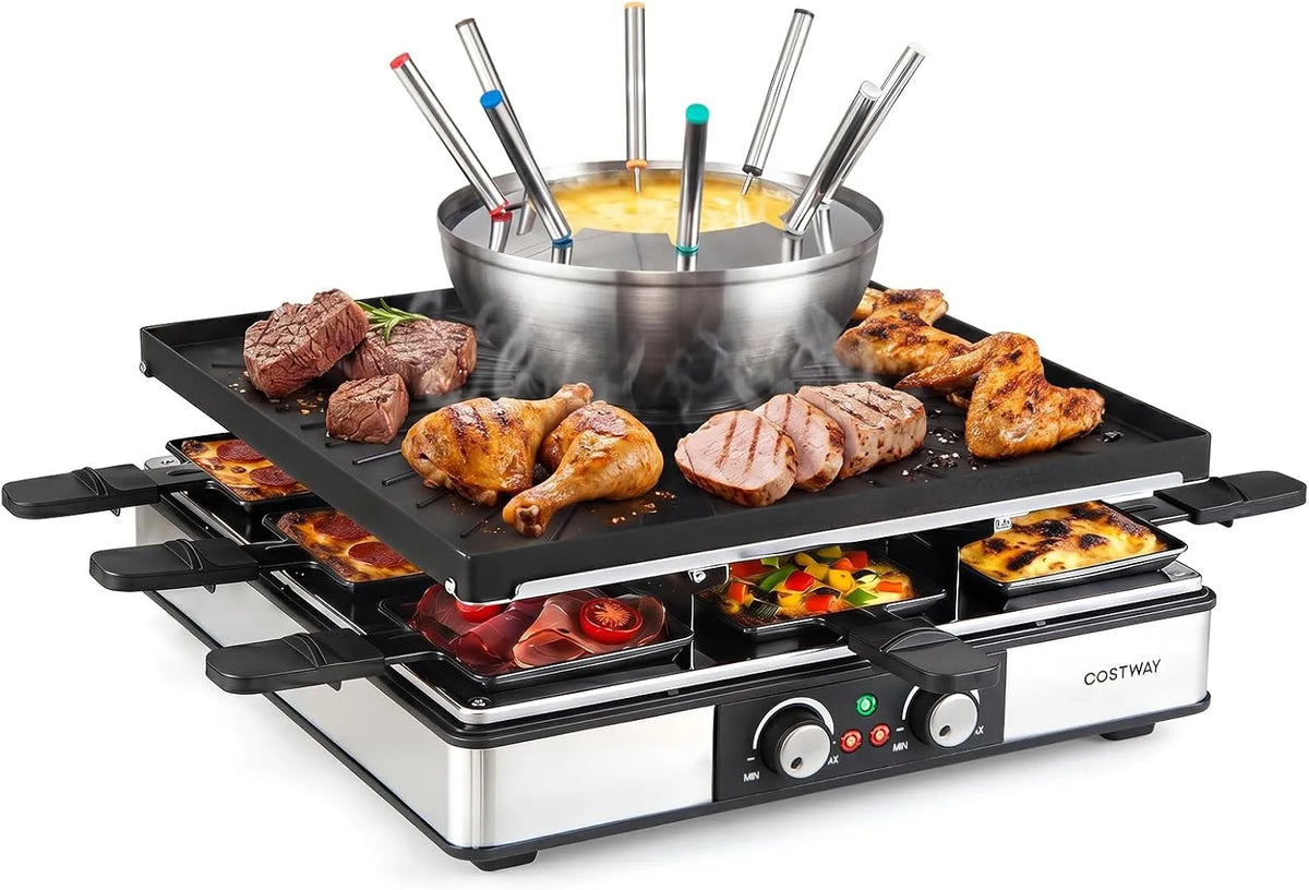 per 8 Persone, 2200W 3 in 1 Set Griglia per Raclette e Fonduta, COSTWAY