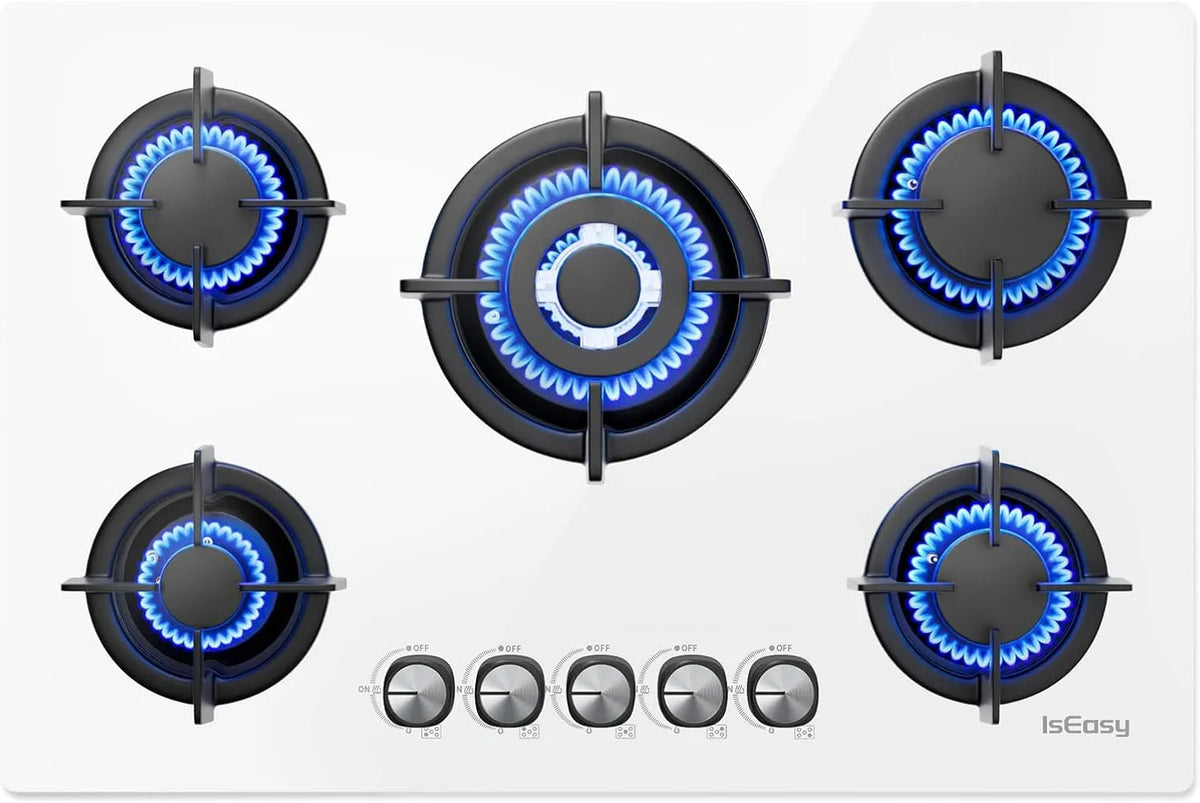 Piano cottura a gas, 73 x 48 cm, 5 fuochi, da incasso, fornello a gas, bianco, Bruciatore Rapido, Bruciatore Wok, Precisa Regolazione della Fiamma