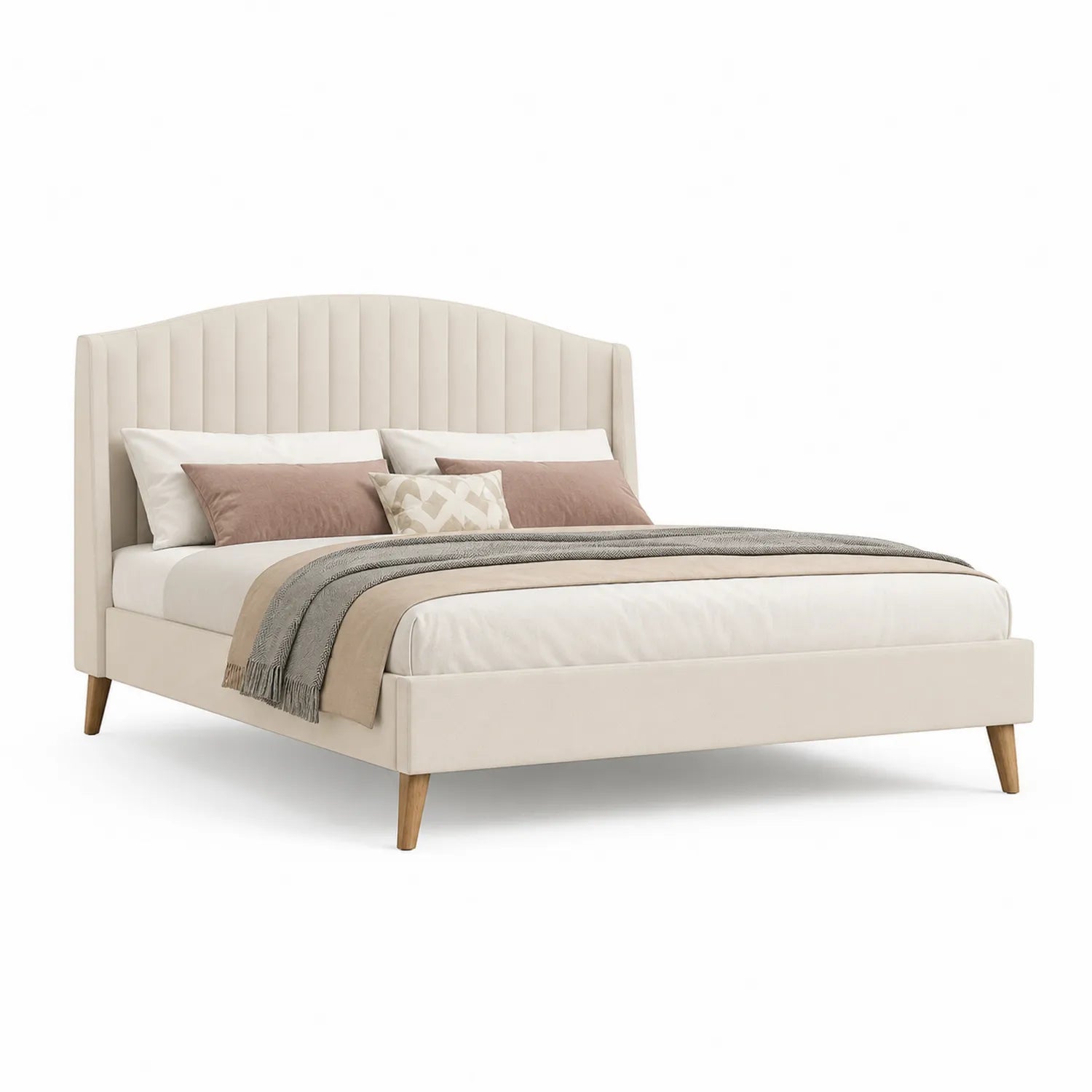 Letto Matrimoniale in Velluto Crema con Testiera Curva