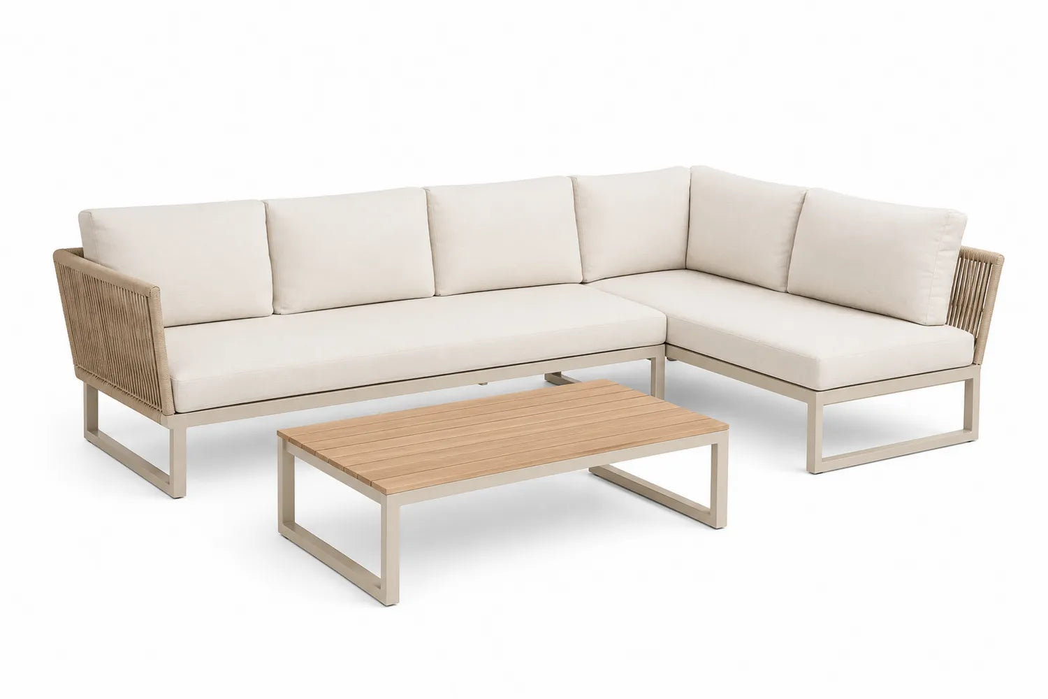 Set Divano Angolare in Alluminio e Tessuto Crema con Tavolino