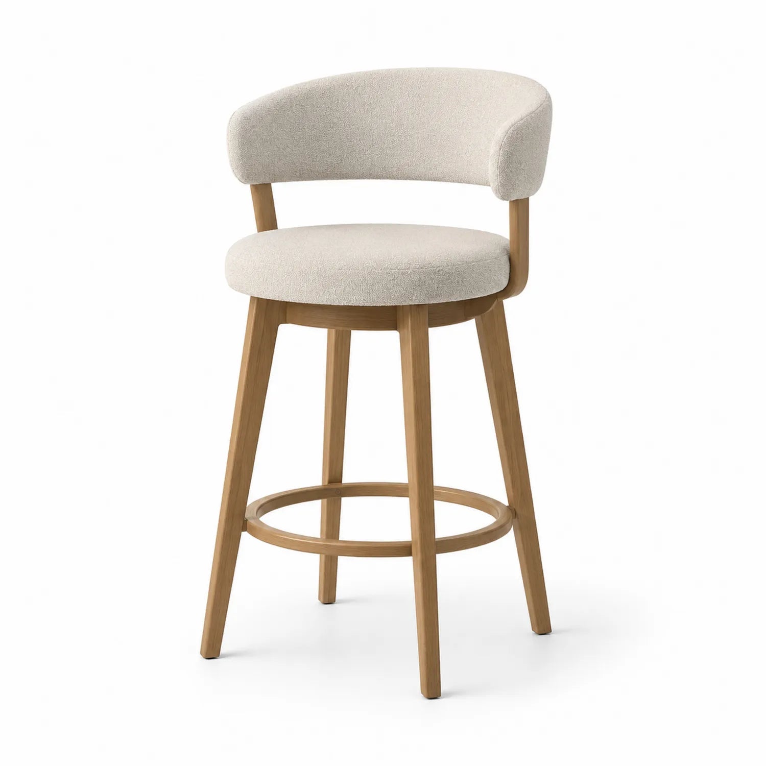 Sgabello da Bar in Tessuto Bouclé con Struttura in Rovere Beige