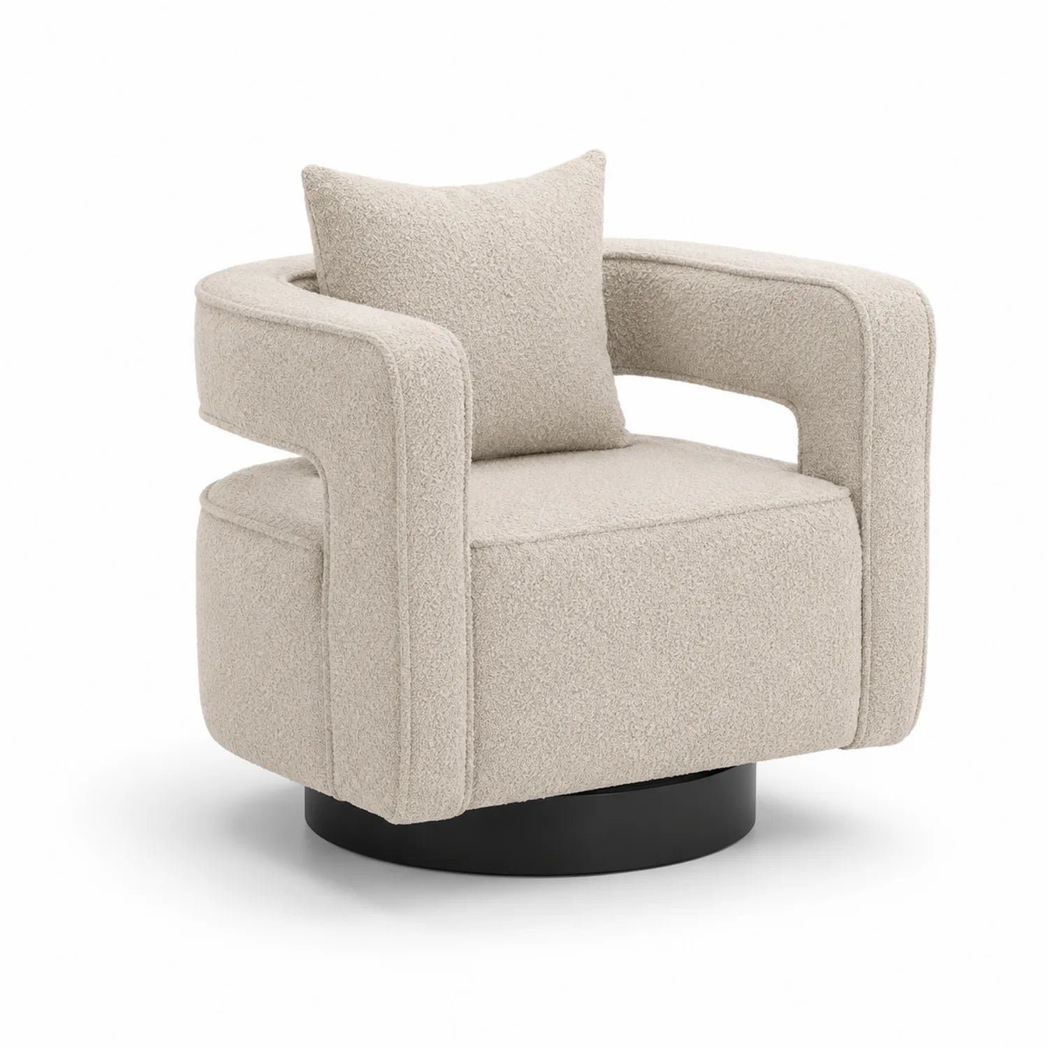 Poltrona in tessuto bouclé beige con base rotonda in metallo