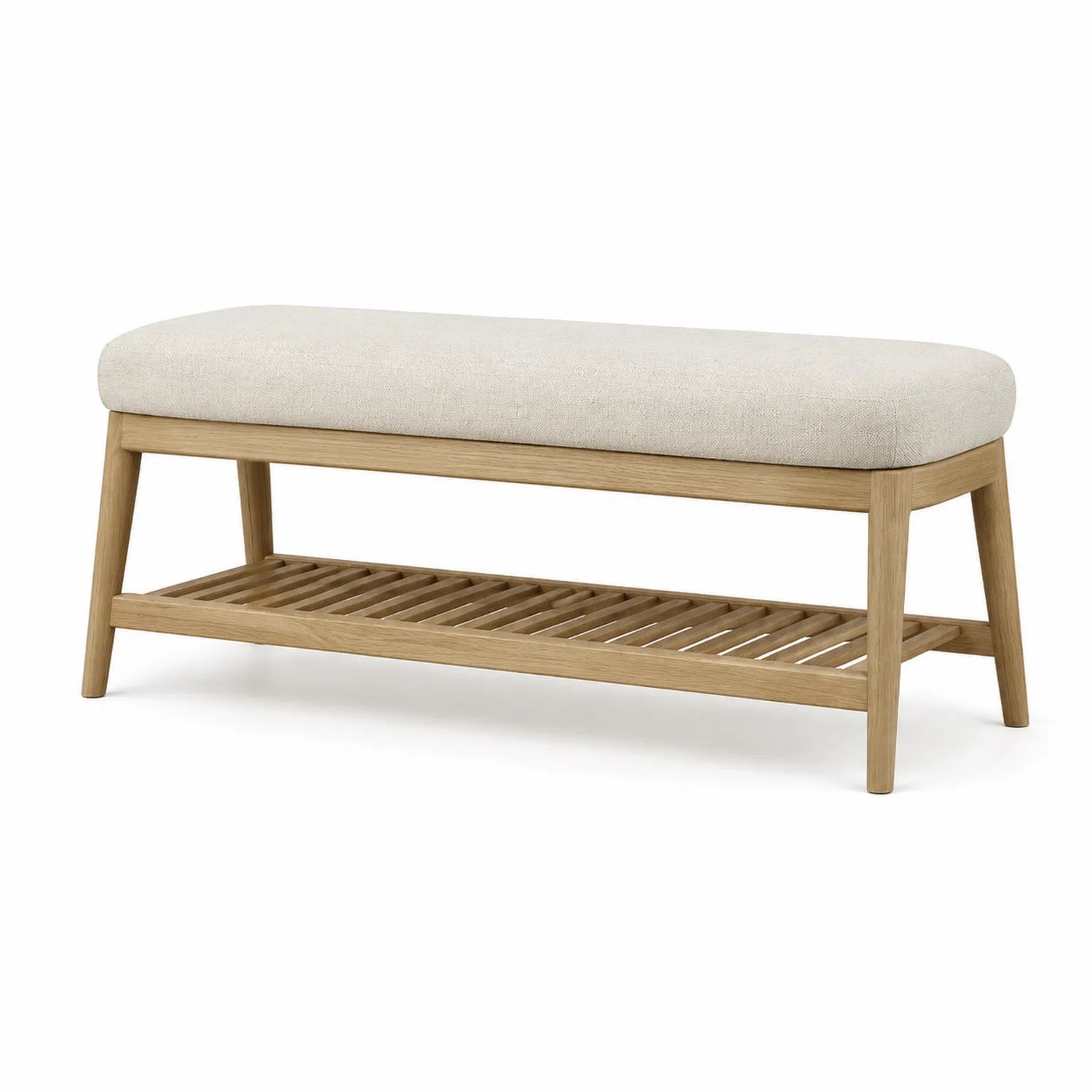 Panca in Legno Massello di Rovere con Cuscino in Poliestere Beige