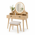 Toeletta in Legno con Specchio LED e Sgabello Tessuto, Naturale, 80x130x40 cm