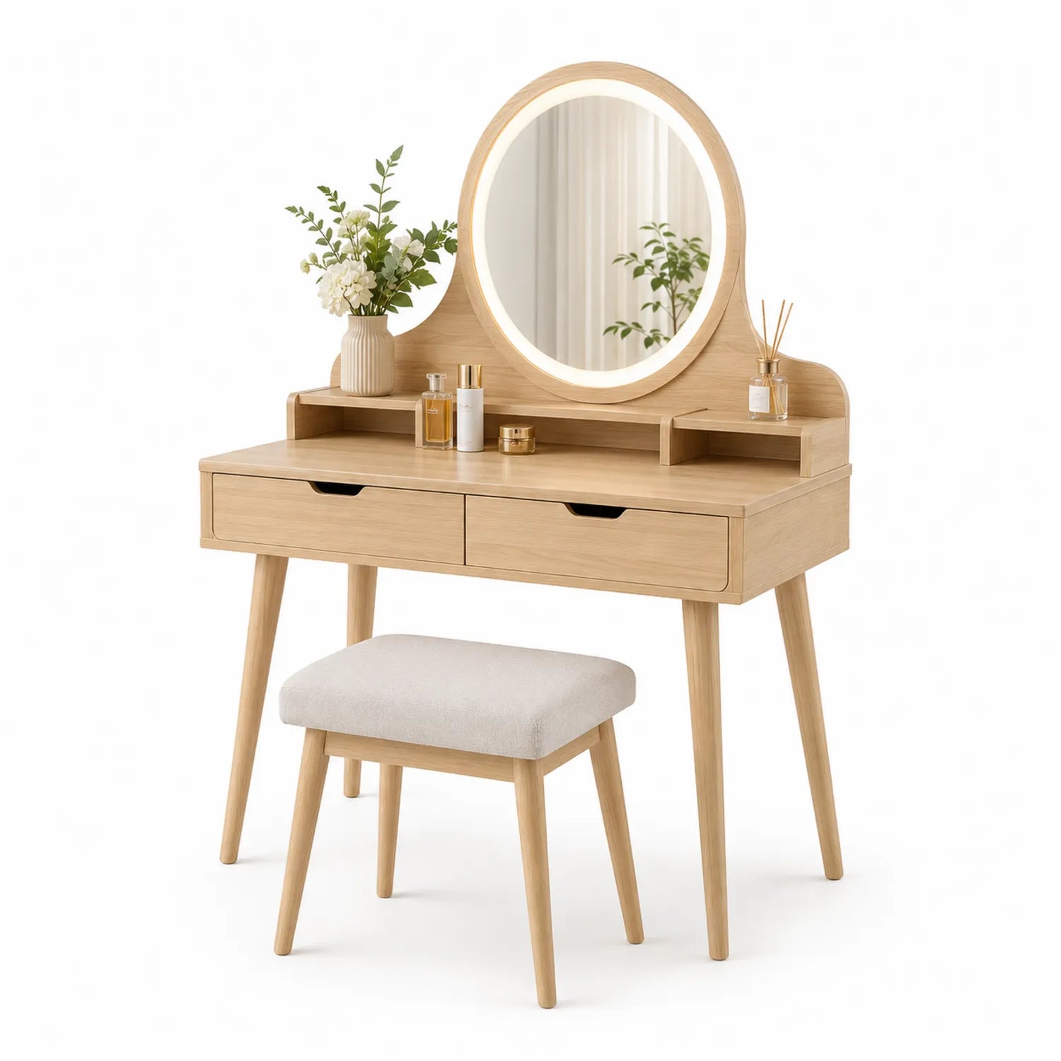Toeletta in Legno con Specchio LED e Sgabello Tessuto, Naturale, 80x130x40 cm