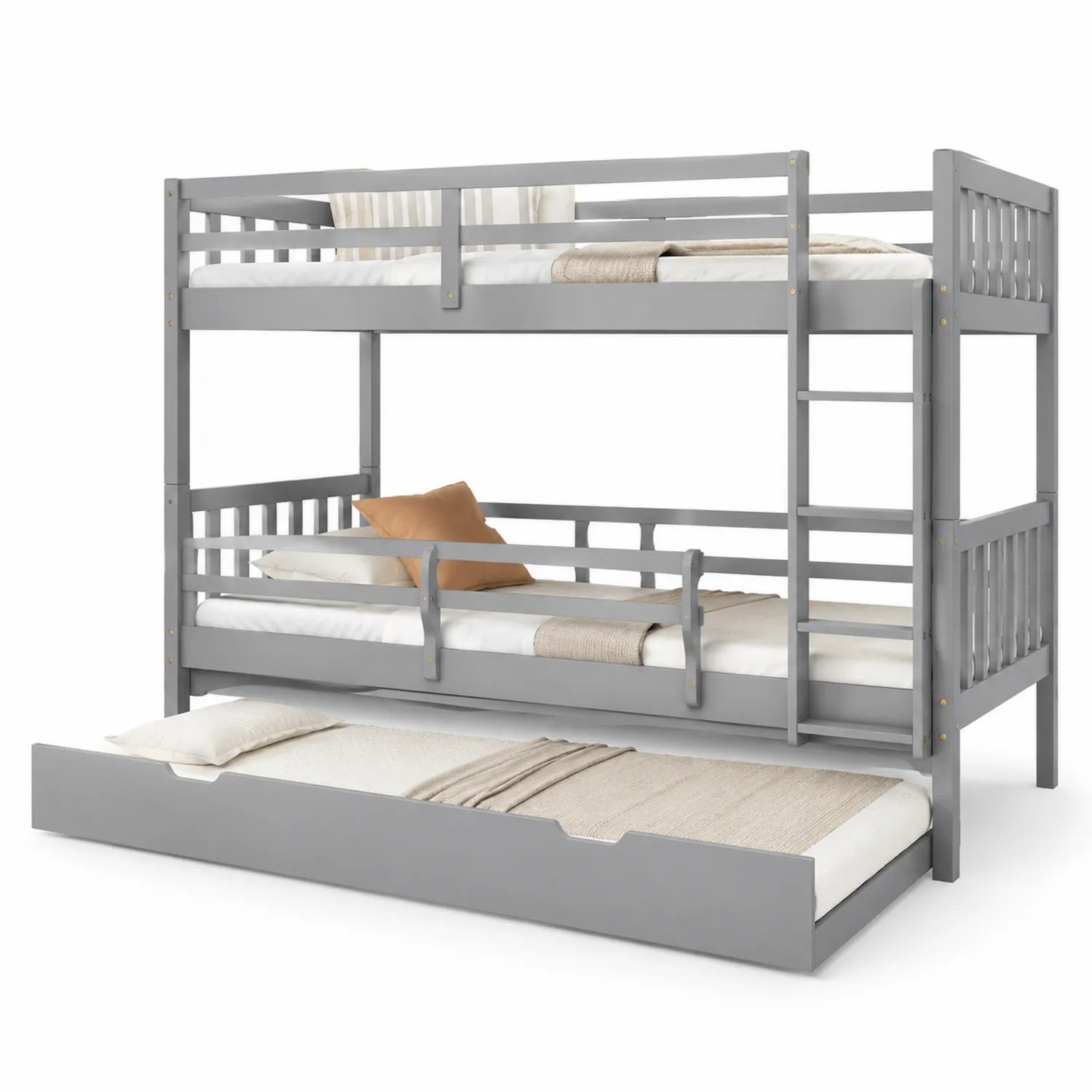 Letto a castello triplo in legno di pino grigio con cassetto