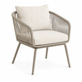 Sedia da esterno in metallo con corda e cuscini in tessuto beige