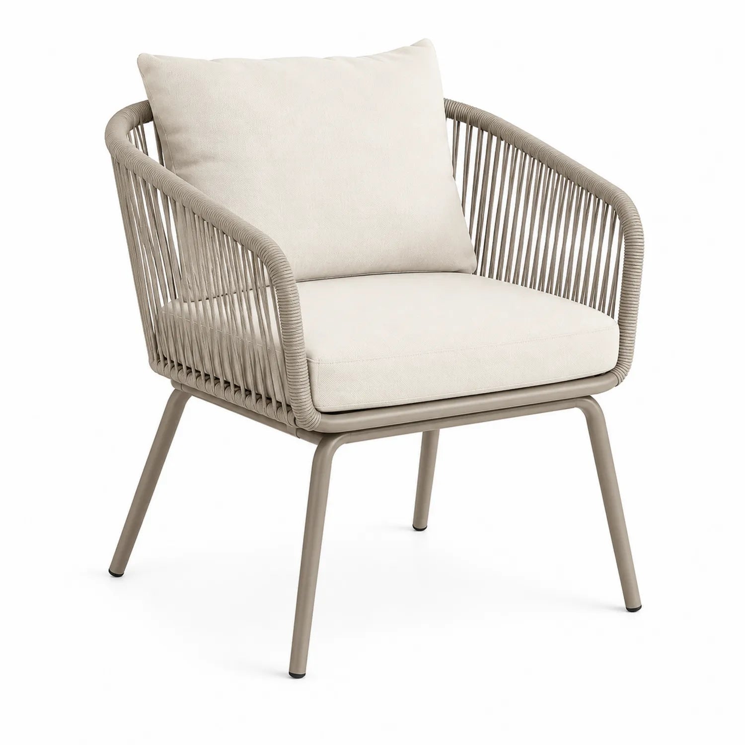Sedia da esterno in metallo con corda e cuscini in tessuto beige