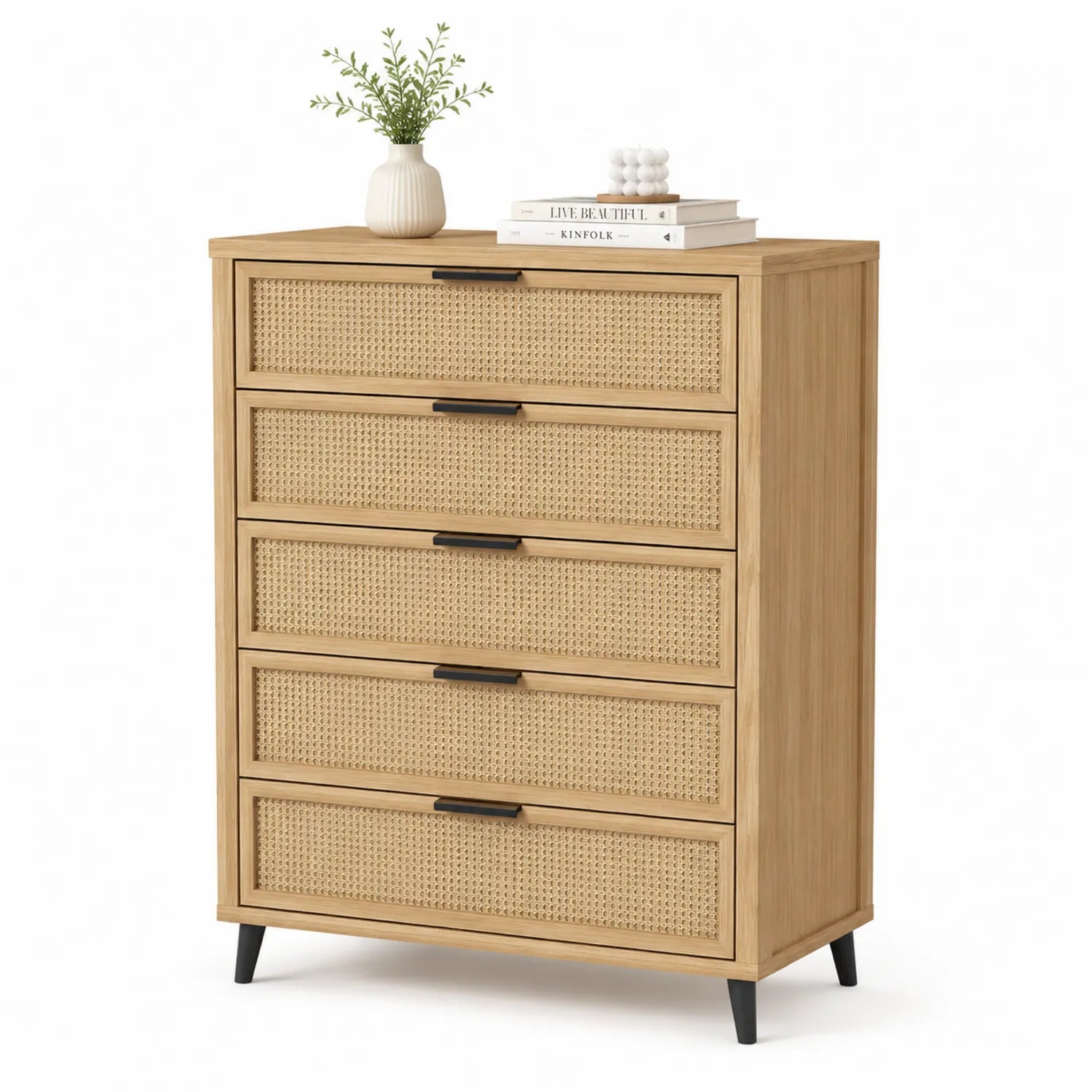 Cassettiera in Legno e Rattan con 5 Cassetti