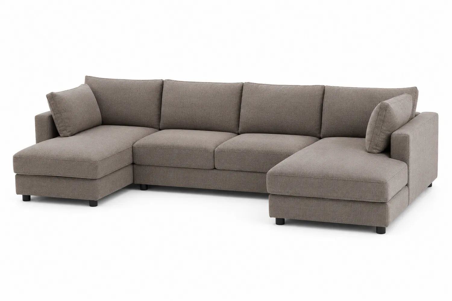 Divano angolare in tessuto marrone con chaise longue e cuscini